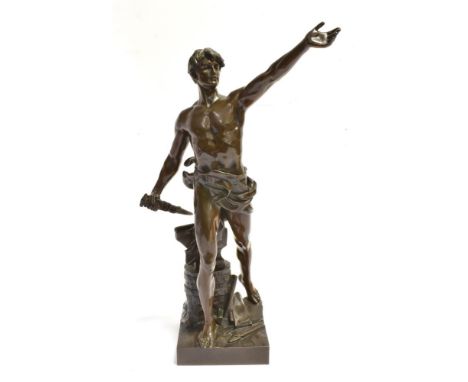 EUGENE MARIOTON (FRENCH, 1857-1933):  'Devoir Civique' a bronze figure of a swordsmith standing holding his  left arm aloft, 