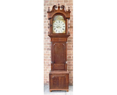 A 19TH CENTURY 8-DAY LONGCASE CLOCK  the enamel dial with painted decoration to break arch and spandrels, signature now illeg