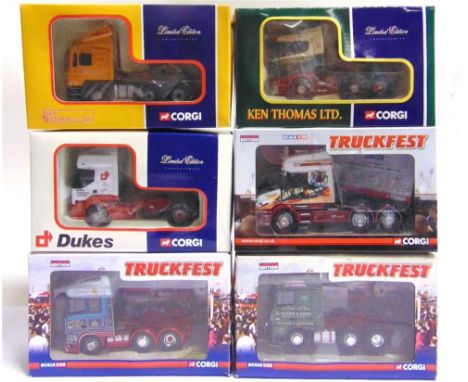 SIX CORGI DIECAST MODEL MODERN LORRY TRACTOR UNITS  each boxed (one with detached cab roof lights; some with damp-marked boxe