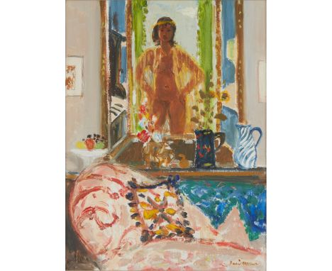 § DAVID MCCLURE R.S.A., R.S.W. (SCOTTISH 1926-1998) GIRL IN A MIRROR WITH PATTERNED SOFA - 1981 Signed lower right, oil on bo