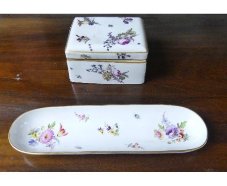 A small rectangular Meissen Trinket Box, with floral and gilt painted decorations upon the white background colour, stamped w