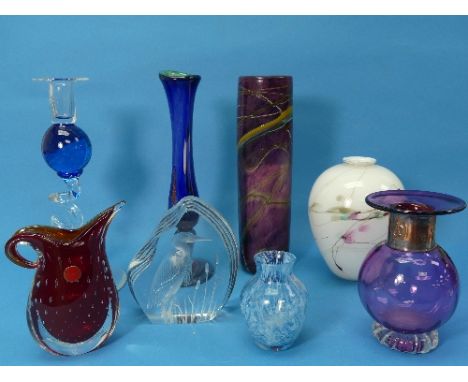 A small quantity of Art Glass, comprising an Anthony Stern amethyst glass vase with coppered metal collar and impressed mark,