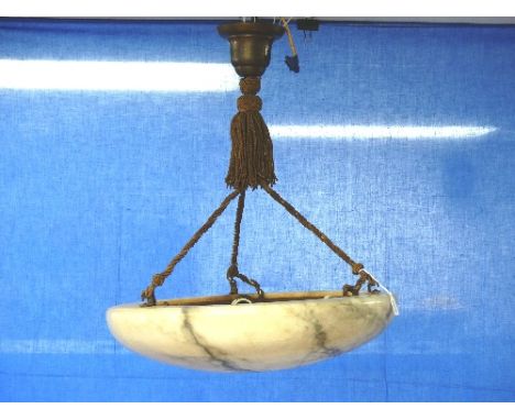 An Art Deco alabaster three-lamp platfonnier or ceiling light, of bowl form with ceiling boss, 20in (51cm) diameter x 5in (12