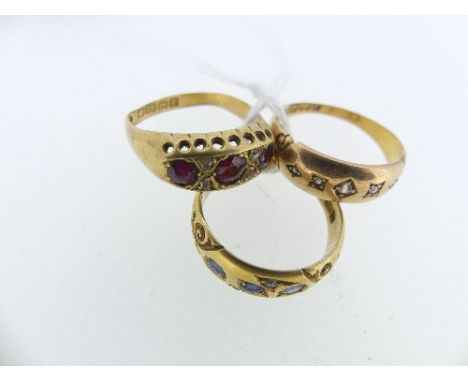 A 15ct rose gold Ring, set with five small diamond points, 2.6g, together with an 18ct yellow gold ring set three small sapph
