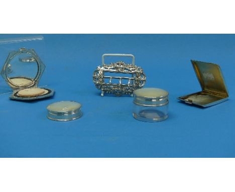 A late Victorian silver Buckle, hallmarked Birmingham, 1898, 3in (7.5cm) long, a hinged silver hexagonal powder compact, hall