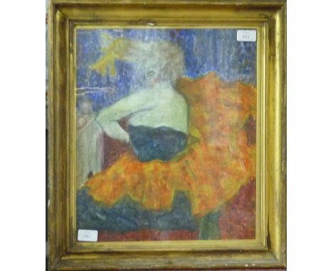 An abstract Oil on Canvas, 18½in (47cm) wide x 21in (53cm) tall, together with a print depicting a Lady with her dog, 18in (4