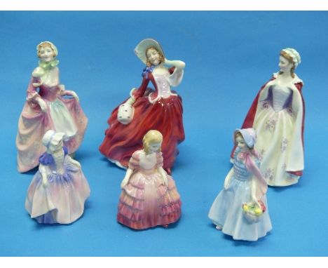 Six Royal Doulton porcelain 'ladies': Rose, HN.1368; Dinky Do, HN.1678; Autumn Breezes, HN.1934; Wendy, HN.2109; Bess, HN.200