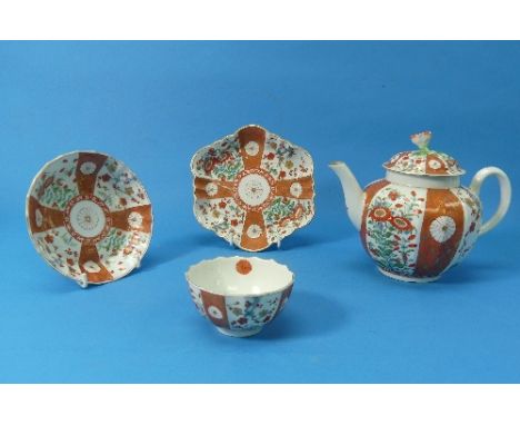 A Worcester first period 'Scarlet Japan' pattern teapot and cover, c.1775, decorated with alternating panels in orange and wh