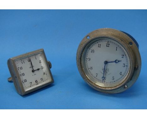 A Jaeger car Clock, circa 1930's/1940's, with Swiss 8-day movement, the square dial with black Arabic numerals, in metal case