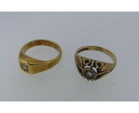 An 18ct yellow gold Ring, the squared front gypsy set with a single diamond, Size M, 6.4g, together with a 9ct yellow gold ri