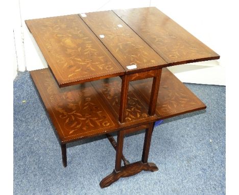 An Edwardian mahogany two-tier Sutherland table, with Dutch style floral marquetry inlaid decoration upon all panels and midd