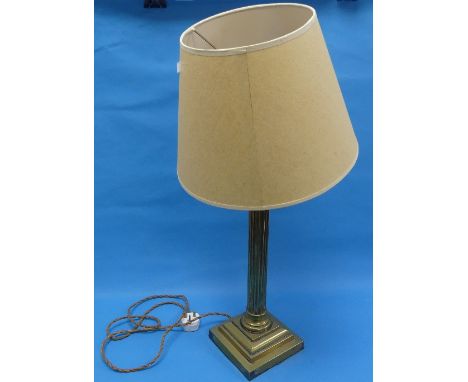 A vintage brass Corinthian column Table Lamp, on square stepped base, with shade, column 18in (45.5cm) high. 