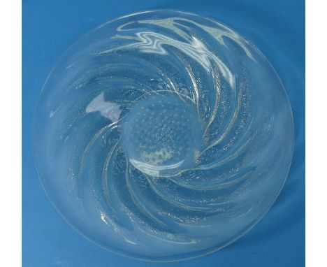 A René Lalique 'Poissons' pattern opalescent Dish, with swirled fish and central bubble inclusions, moulded signature 'R. Lal