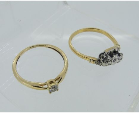 A small single stone diamond Ring, mounted in unmarked yellow metal, Size K, together with a small illusion set three stone d