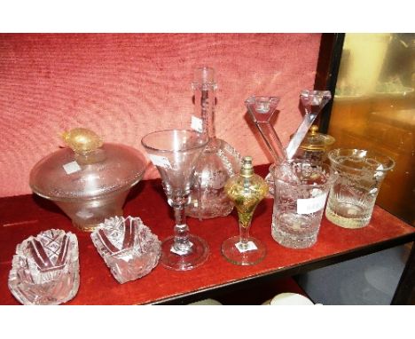 A quantity of Glassware, comprising a pair of small Cut-glass open Dishes, a Cut-glass tumbler, with foliate decoration enclo