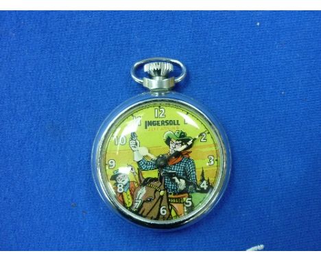 An Ingersoll Eagle Jeff Arnold 'Cowboy' automation chrome cased Pocket Watch, circa 1950's, 2in (5cm) diameter.