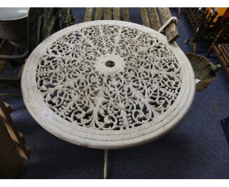 A white aluminium Garden Table, with a decorative pierced table-top, raised upon a tripod base, 27½in (70cm) diameter x 25in 