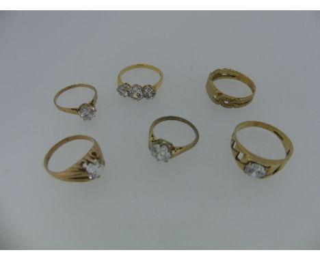 A 9ct yellow gold Identity Ring, with pierced shoulder and vacant front, Size R, 4g, together with five 9ct gold paste set ri