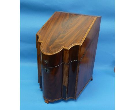 A George III mahogany Knife Box, of serpentine form, the whole finely inlaid with rosewood, satinwood, boxwood and ebony with
