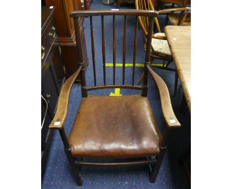 A set of six 19thC stick-back Dining Chairs, comprising two Carver Chairs, with brown leather upholstery, 23in (58cm) wide x 