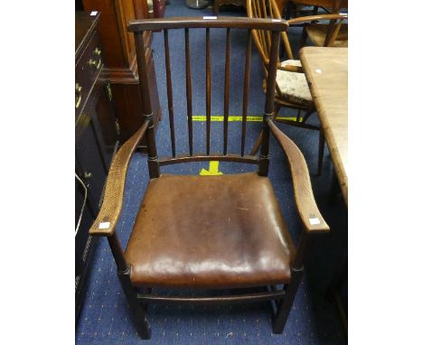 A set of six 19thC stick-back Dining Chairs, comprising two Carver Chairs, with brown leather upholstery, 23in (58cm) wide x 