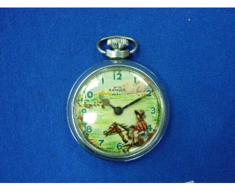 A Smiths Ranger 'Cowboy' automation chrome cased Pocket Watch, circa 1950's, 2in (5cm) diameter.