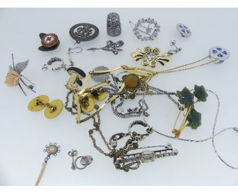 A quantity of silver and Costume Jewellery, including brooches, a belt, a rolled gold hinged bangle, faux pearls etc., (a lot