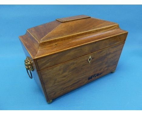A George III mahogany Tea Caddy, of sarcophagus form, with rosewood banding and ebony and boxwood stringing, the hinged lid e