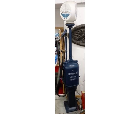 A Gilbert & Barker 'pot belly' bodied hand-cranked petrol pump, in Dominion Motor Spirit blue painted livery  Please see our 