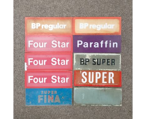 Twelve pump signs, including Super and BP Regular, each approx 28.5 cm wide, some blank  Please see our terms and conditions 