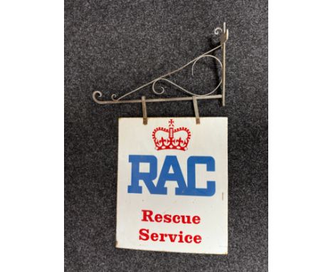 An RAC Rescue Service enamel double-sided sign, 52.5 cm wide, and a hanging bracket, 102 cm high overall