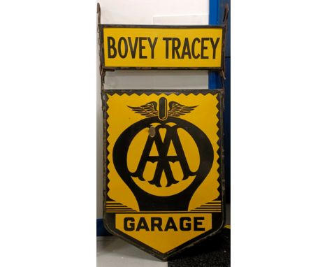 A Bovey Tracey AA Garage (Franco Signs W1) double sided hanging enamel sign, 57.5 cm wide, with its iron hanging bracket  Ple