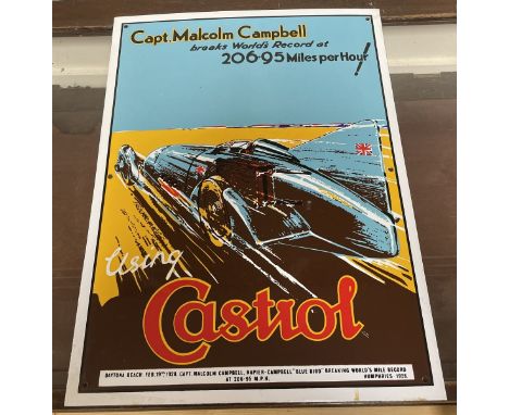 A reproduction enamel sign, Captain Malcolm Campbell, using Castrol, 50.5 x 38.5 cm, and a reproduction flanged double sided 