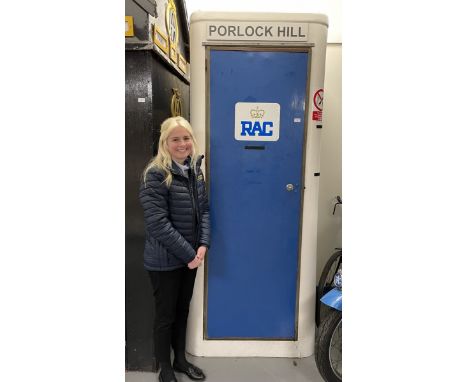 An RAC phone box, for Porlock Hill, moulded fibreglass construction in white with blue doors, 230 cm high, 90 cm x 90 cm This