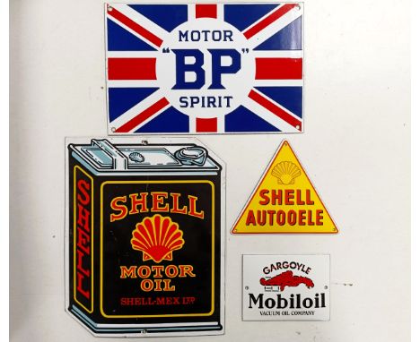 Four small reproduction enamel signs, including BP Motor Spirit, 17.5 x 26.5 cm (4)  Please see our terms and conditions in r