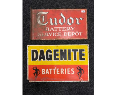 A Tudor Battery Service Depot flanged double-sided enamel sign, Franco Signs, 54 cm wide, and a Dagenite Batteries metal sign