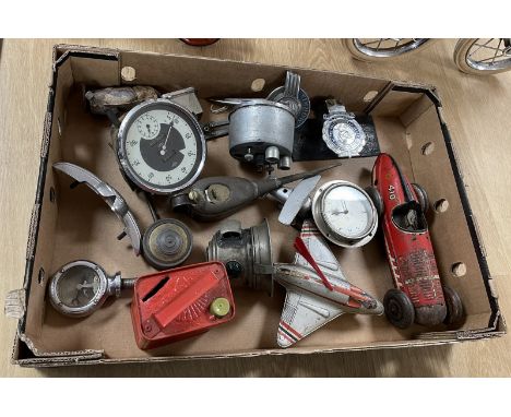 A Smiths dashboard clock, various dials, car emblems and other items (box)  Please see our terms and conditions in relation t