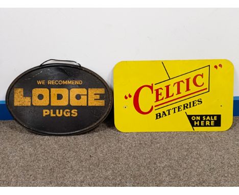A We Recommend Lodge Plugs oval metal sign, 32 cm wide, and a Celtic Batteries on Sale Here metal sign, 35.5 cm wide (2)  Ple