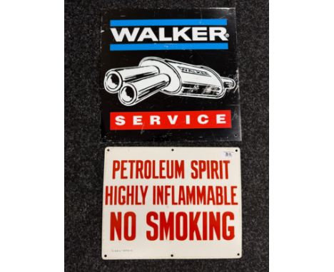 A Petroleum Spirit Highly Inflammable No Smoking enamel sign, 38 cm wide, and a Walker Service metal sign, 40 cm wide (2) No 