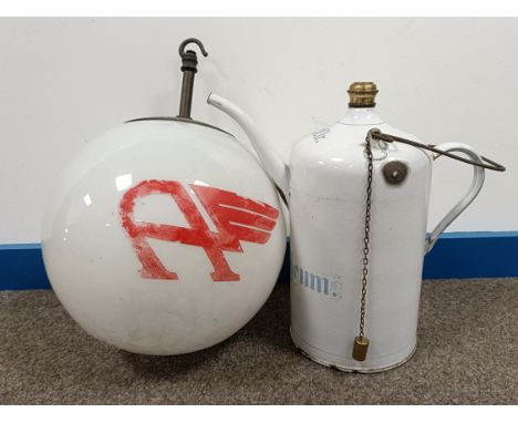 An Austin Flying A showroom glass shade, approx. 25 cm diameter, and an enamel 3 ltr Petroleum fuel can, 27.5 cm high (2)  Pl