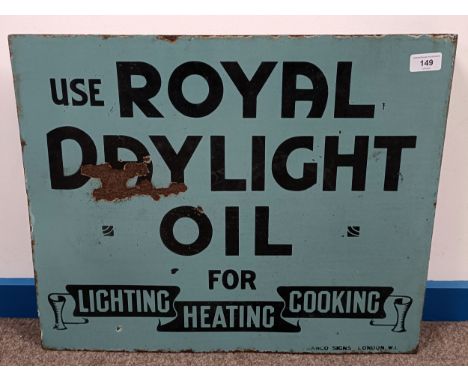 A Use Royal Daylight Oil for Lighting, Heating, Cooking (Franco Signs London W1) flanged double sided enamel sign 45.5 x 56 c