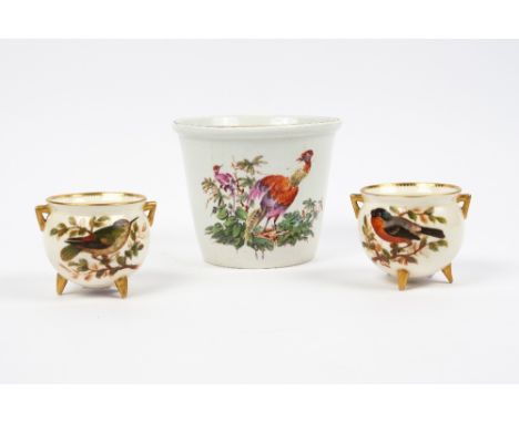 A pair of Royal Worcester miniature cauldrons painted with birds, 7.5cm and a small porcelain jardiniere, 13cm (3)