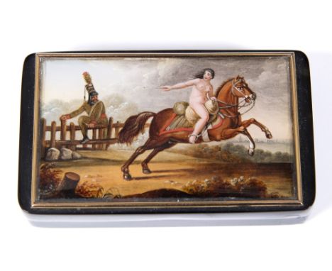 A tortoiseshell snuff box 19th Century painted to the lid with naked maiden on horseback with hussar bounding over a gate, 9c