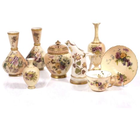 A collection of seven pieces of Royal Worcester blush ivory to include a pair of vases, 17.5cm,and a potpourri and cover .