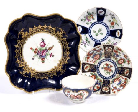 A Worcester square dish circa 1790 painted flowers, 20cm, a Worcester cup and saucer 'scale blue' and one other Worcester sau