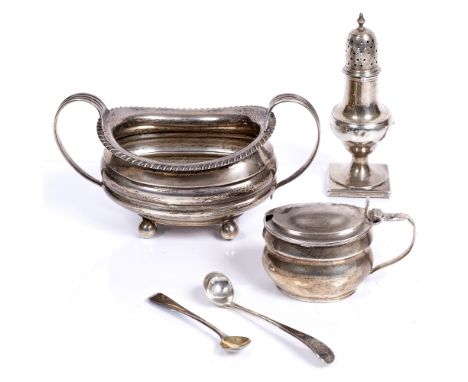 A collection of miscellaneous silver ware including Georgian style sugar basin, pepper pot, salt and two spoons, 476 grams in