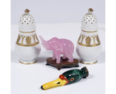 A pair of Richard Ginora porcelain casters a Limoges porcelain snuff box in the form of a ducks beak,and a rose quartz carved