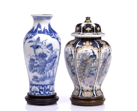 A Chinese blue and white vase converted to a table lamp 31cm and a contemporary porcelain table lamp, 36cm