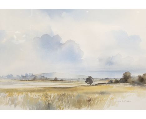 John R Harris (British, 20th century) A pair of watercolours, rural landscape and village scene, each signed, 63cm x 43cm and
