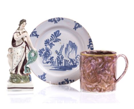 An English Delftware plate circa 1780 21cm a 'moonlight' lustre mug and a Staffordshire figure of Venus Provenance - Aurea Ca